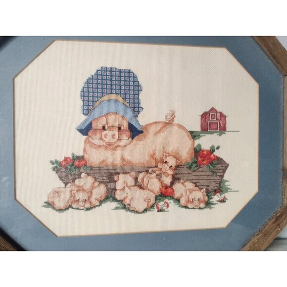 Handmade Farmhouse Pigs Cross Stitch Framed Rustic Apples Barnyard 21x17 Kitsch - Picture 2 of 4